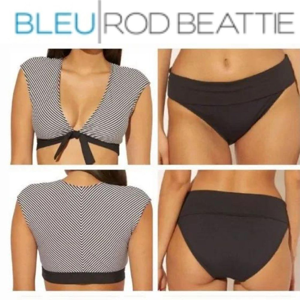 Bleu Rod Beattie Tie Front Cap Sleeve Swim Top Black Fold Over Sarong Bo
